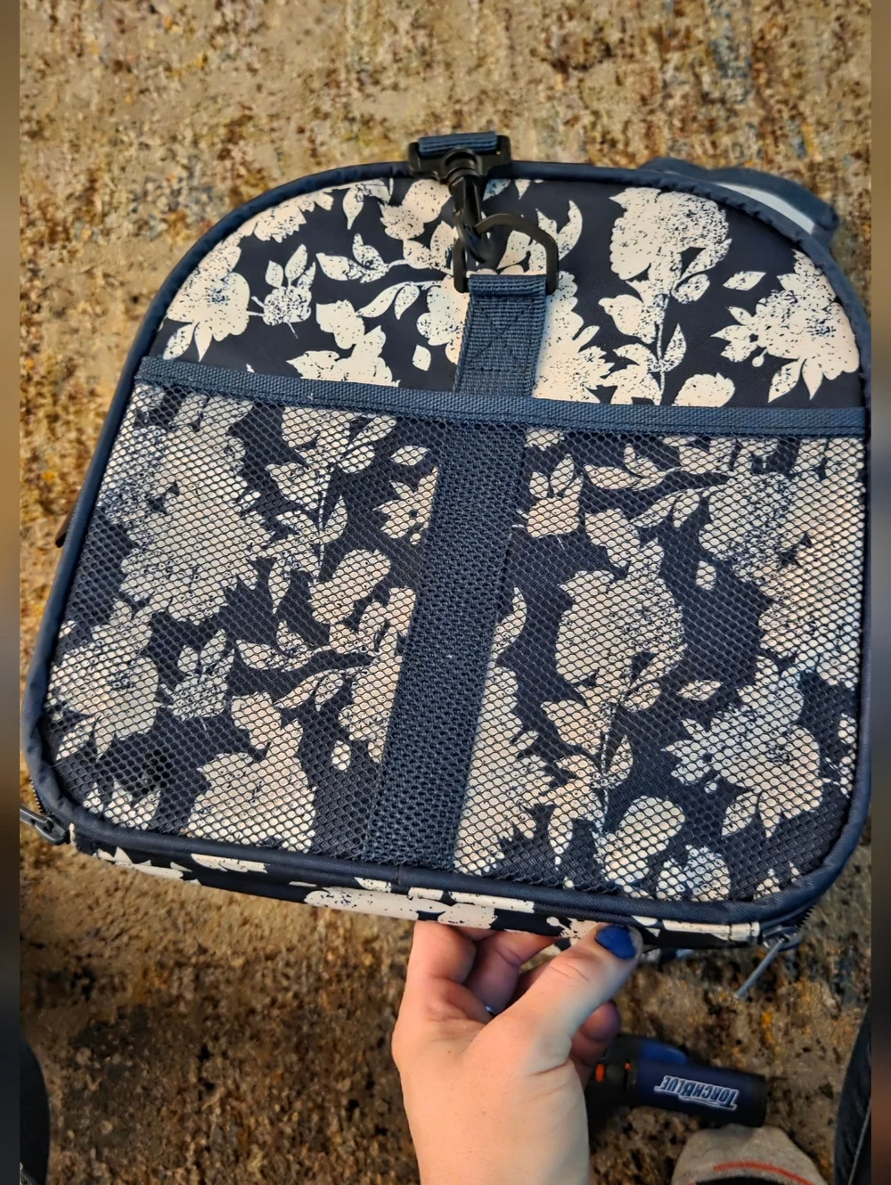 Large Navy Floral Cat Pet Carrier with Mesh Panels and Shoulder Strap